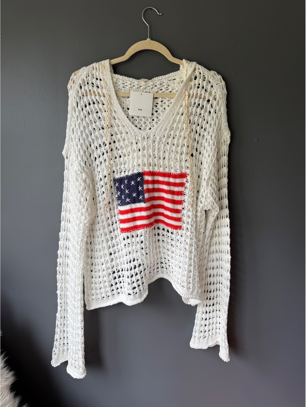 POL White Crochet Knit Sweater with American Flag Patch, Size Large